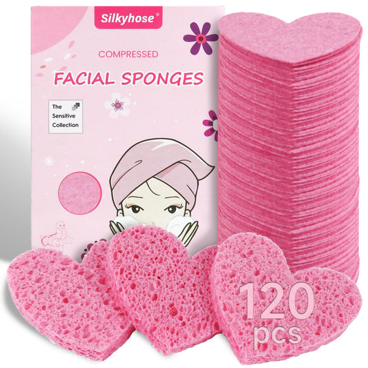 Silkyhose Women 120-Count Compressed Cellulose Heart Shape Face Facial Sponges 100% Natural Cosmetic Sponges for Facial Cleansing Exfoliating Mask Skin Massage ((Pink) 120 count)
