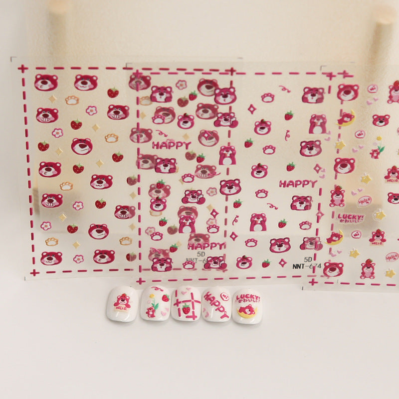 5D Strawberry Bear Nail Stickers for Cute Decor