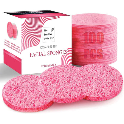 miaform 100-Count Compressed Facial Sponges 100% Natural Cosmetic Spa Sponges for Facial Cleansing Exfoliating Mask Pink Round