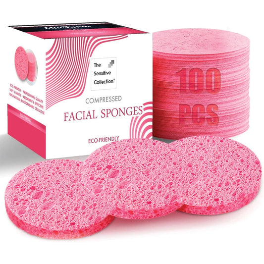 miaform 100-Count Compressed Facial Sponges 100% Natural Cosmetic Spa Sponges for Facial Cleansing Exfoliating Mask Pink Round